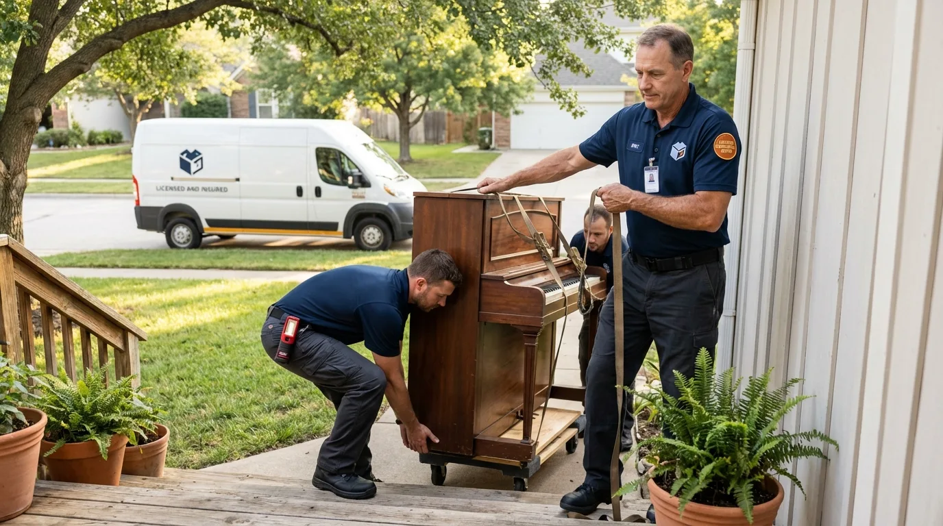 Licensed piano movers securing grand piano in Providence, RI