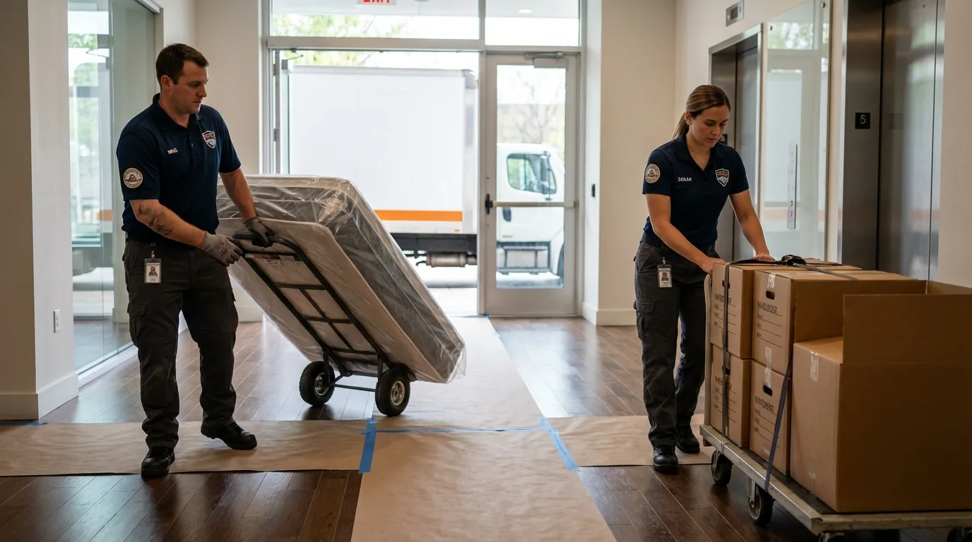 Professional apartment movers loading elevator in Providence, RI
